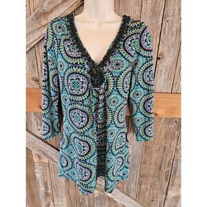 Rafaella size small beaded collar bright blue geometric tunic top EUC Career ^*